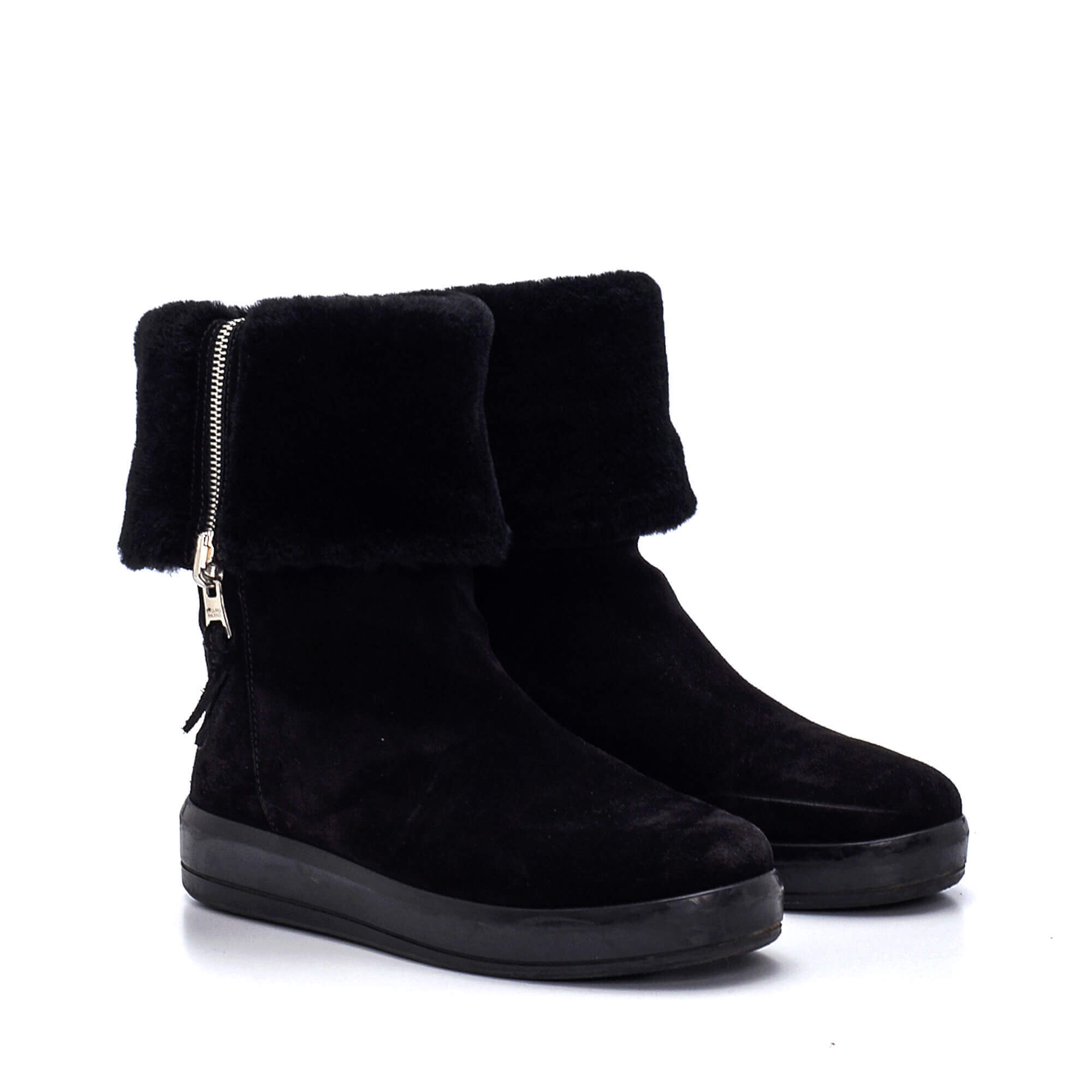 Prada - Black Suede Fur Trimmed Zipped Boots